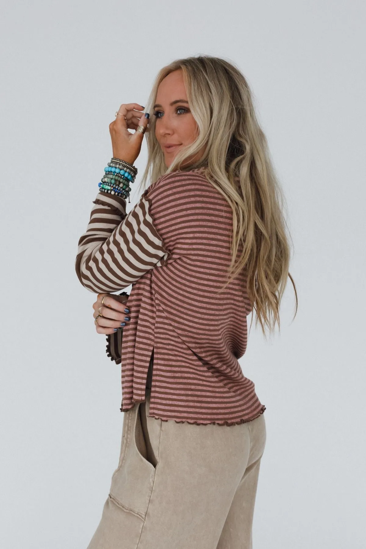 Orla Striped Hoodie Top - Mauve