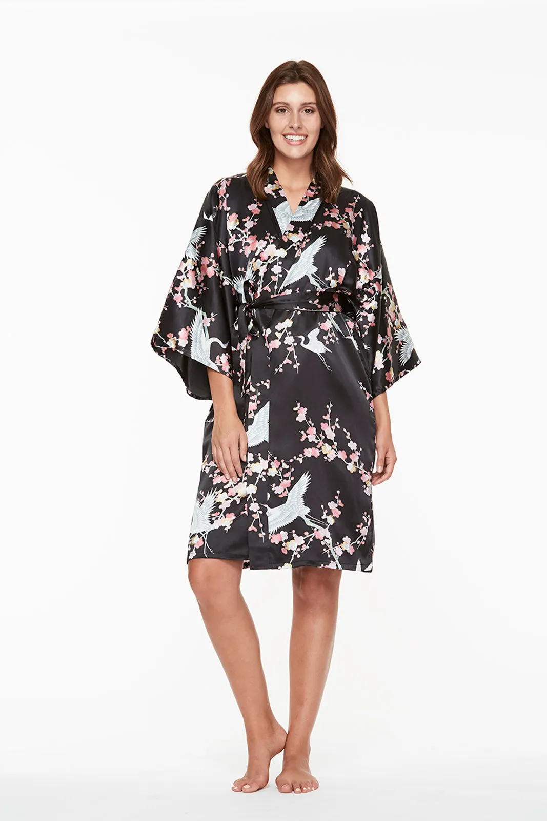 Plum & Crane Super Black Silk Short Kimono