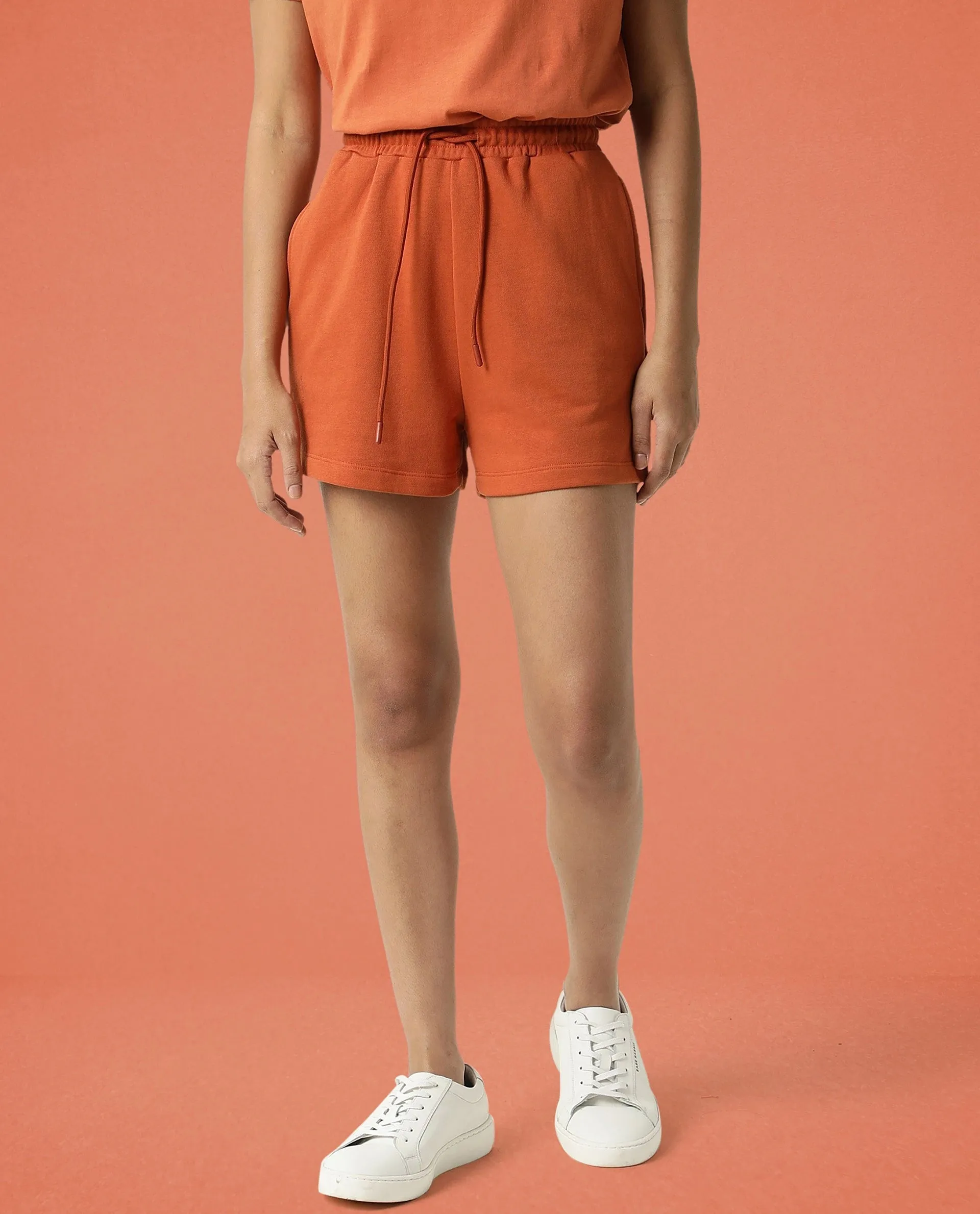 Rareism Women Ciri Orange Cotton Poly Fabric Relaxed Fit Solid Mid Rise Shorts