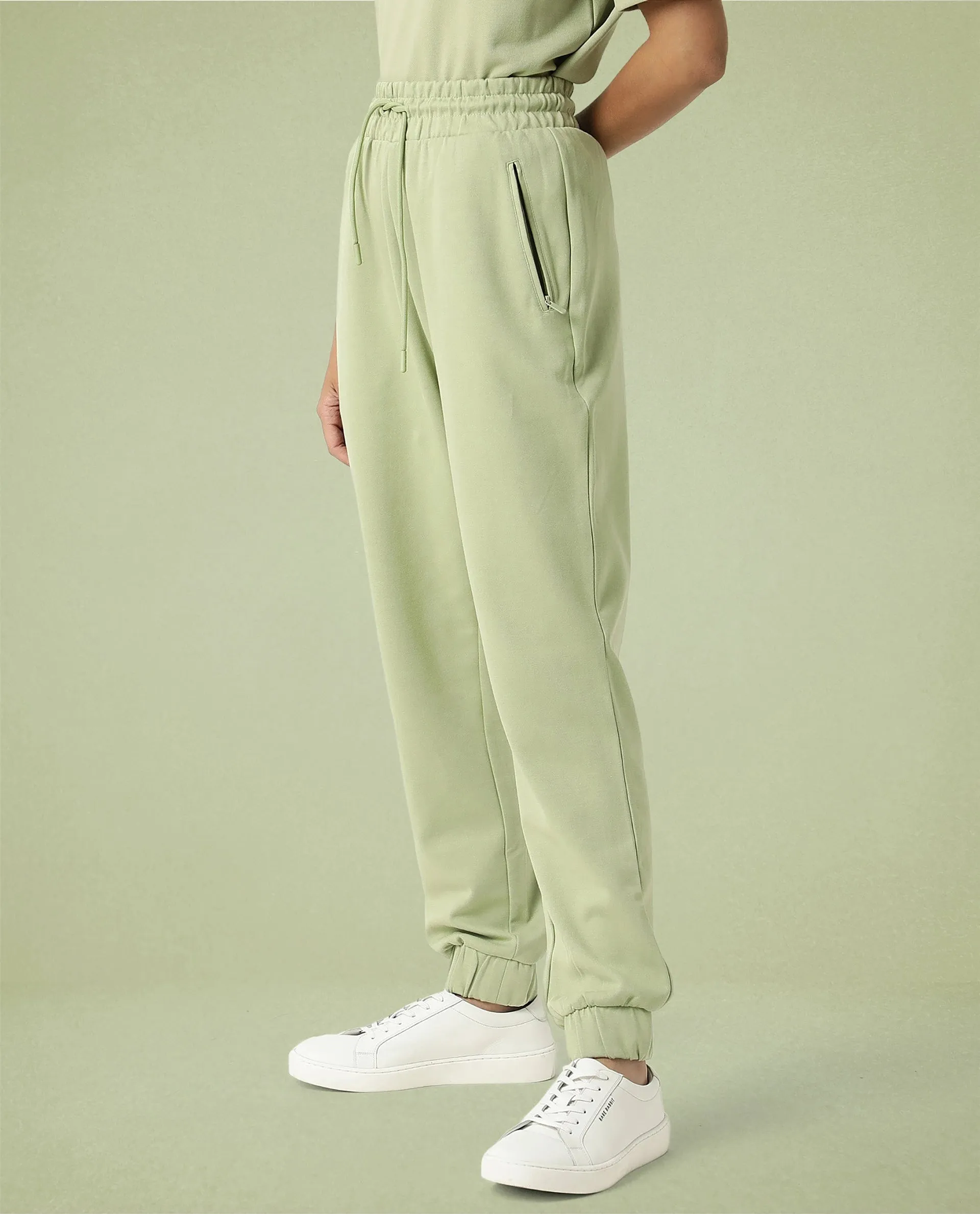 Rareism Women Creta Light Green Cotton Blend Fabric Relaxed Fit Solid Mid Rise Ankle Length Track Pant