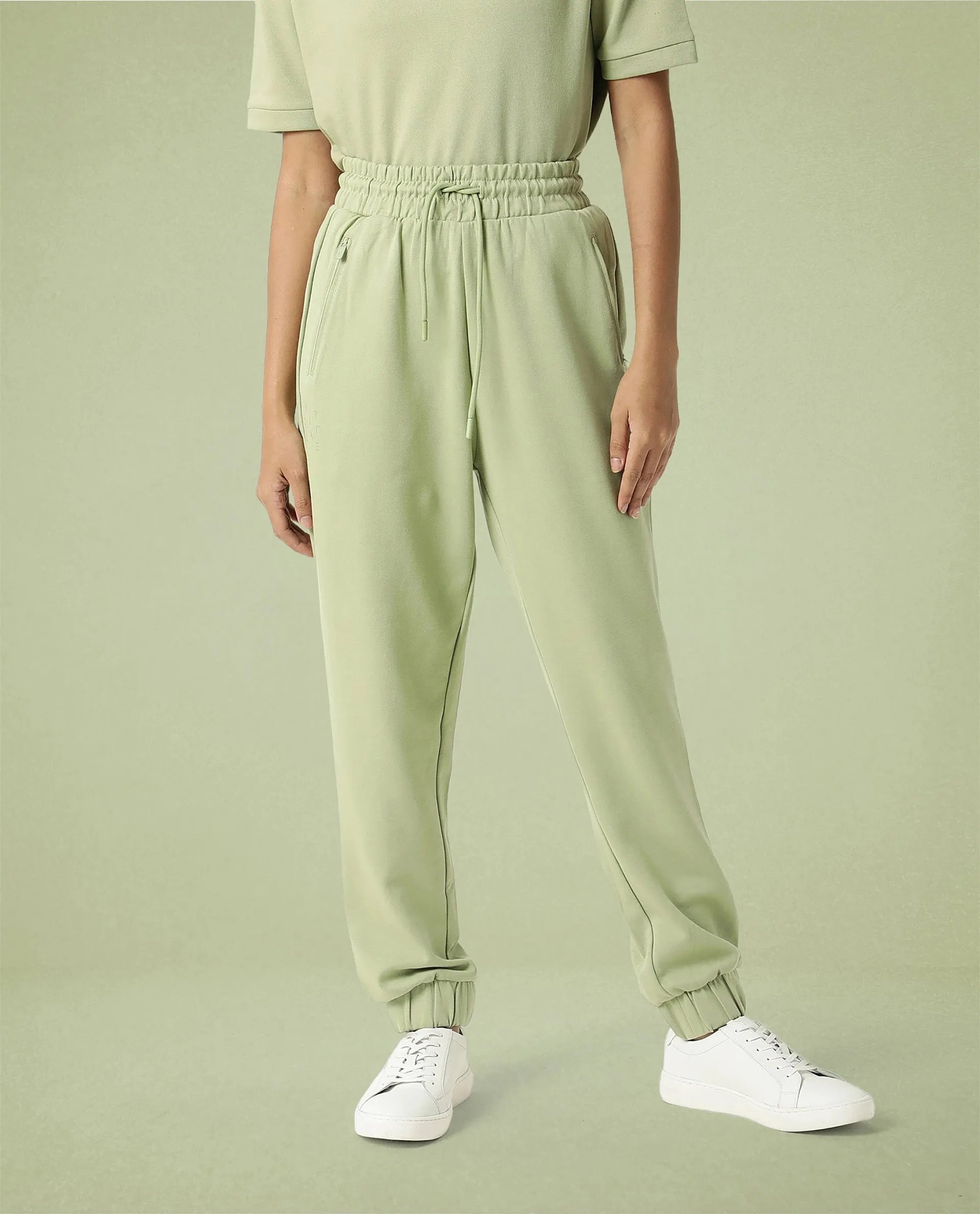 Rareism Women Creta Light Green Cotton Blend Fabric Relaxed Fit Solid Mid Rise Ankle Length Track Pant