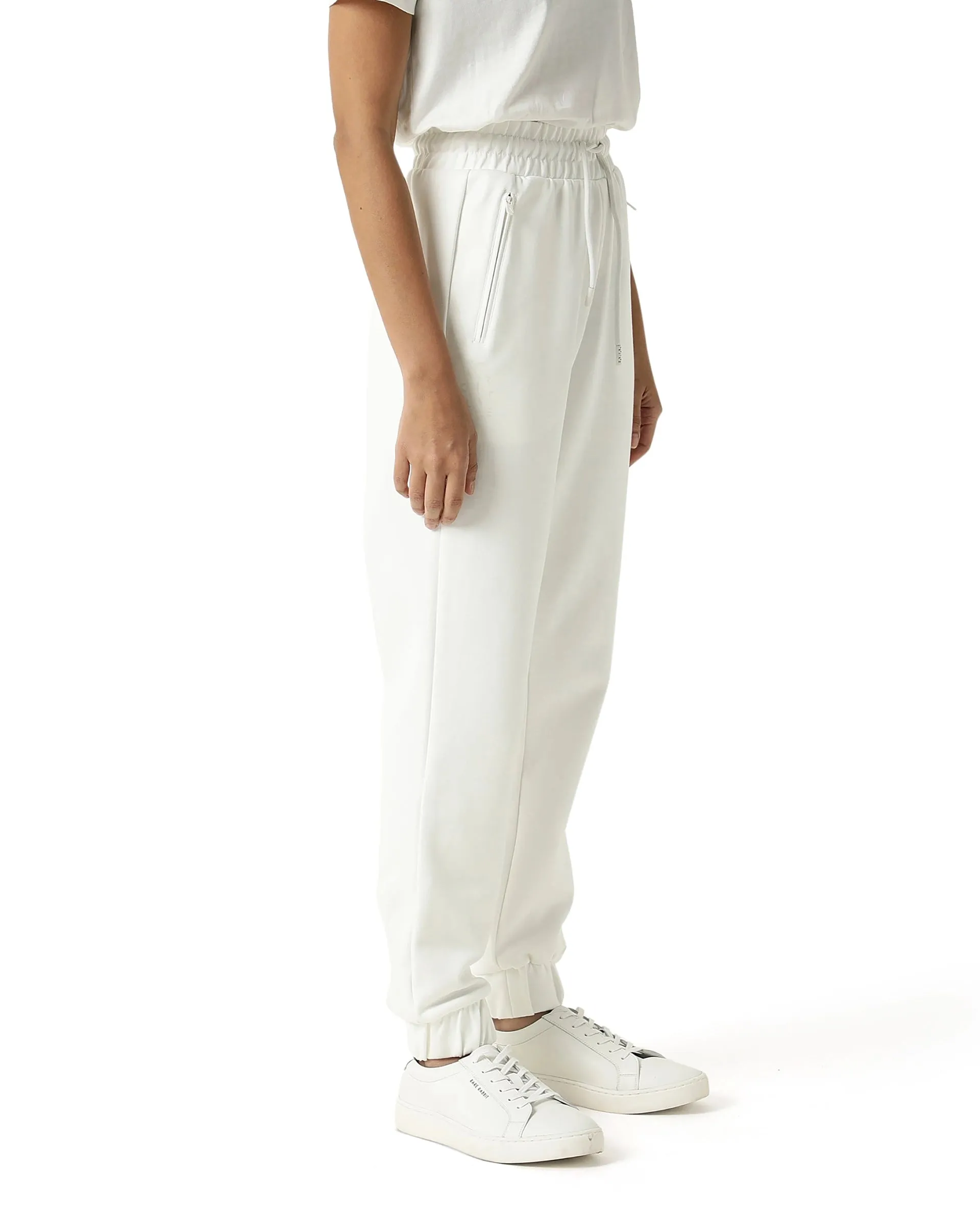 Rareism Women Creta Off White Cotton Blend Fabric Relaxed Fit Solid Mid Rise Ankle Length Track Pant