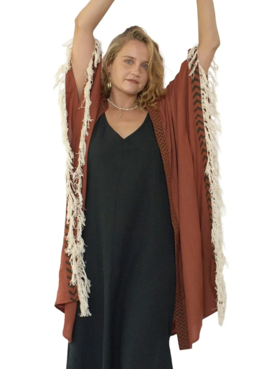 Rust Closed-Back Fringe Poncho