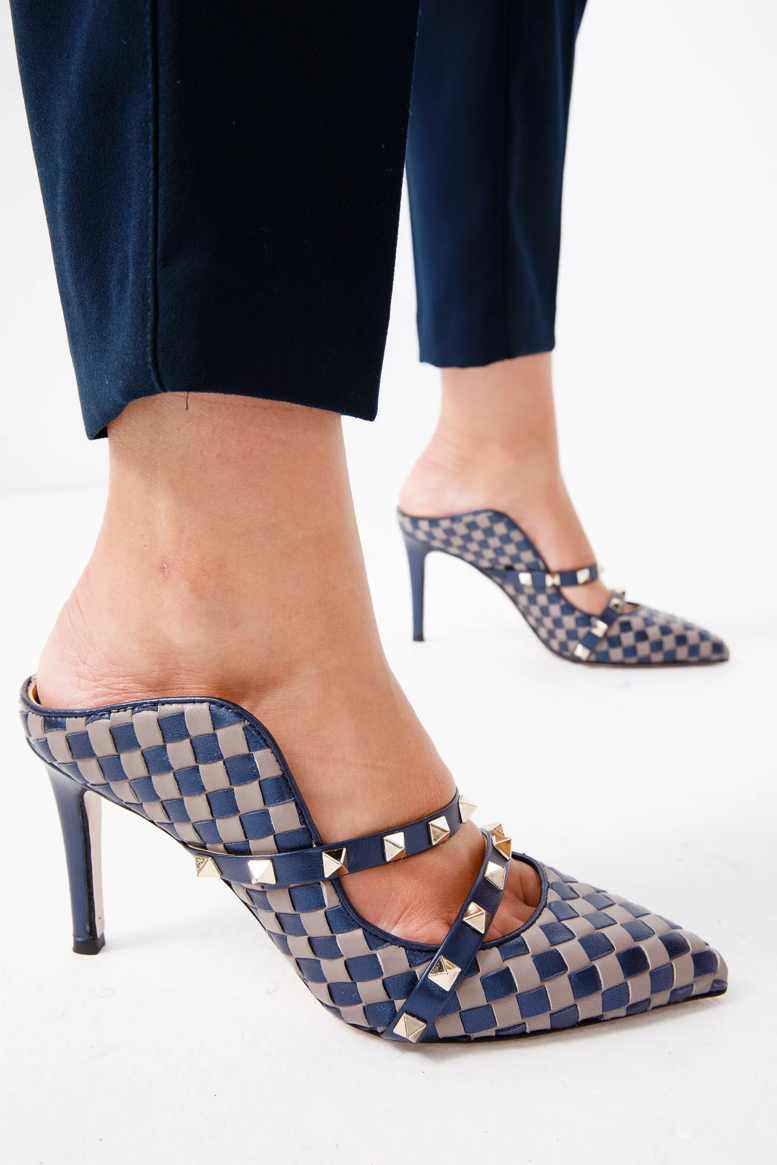 The Dosso Navy Blue Handwoven Pointy Toe Leather Women Sandal