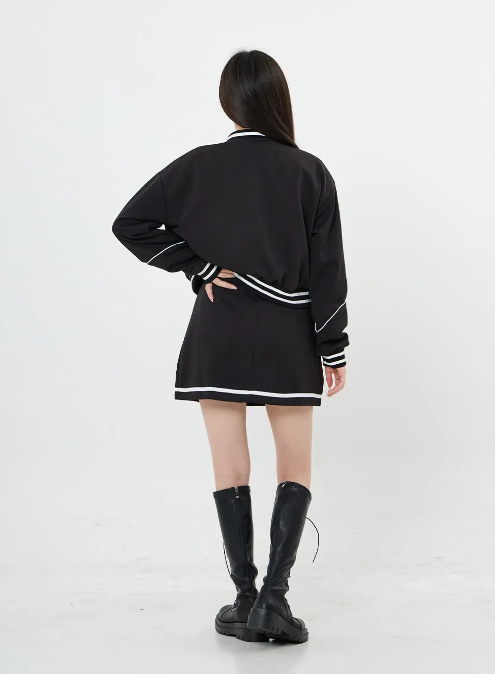 Two Color Sporty Button Jacket And Mini Skirt Set BO20