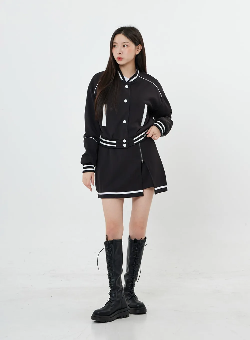 Two Color Sporty Button Jacket And Mini Skirt Set BO20