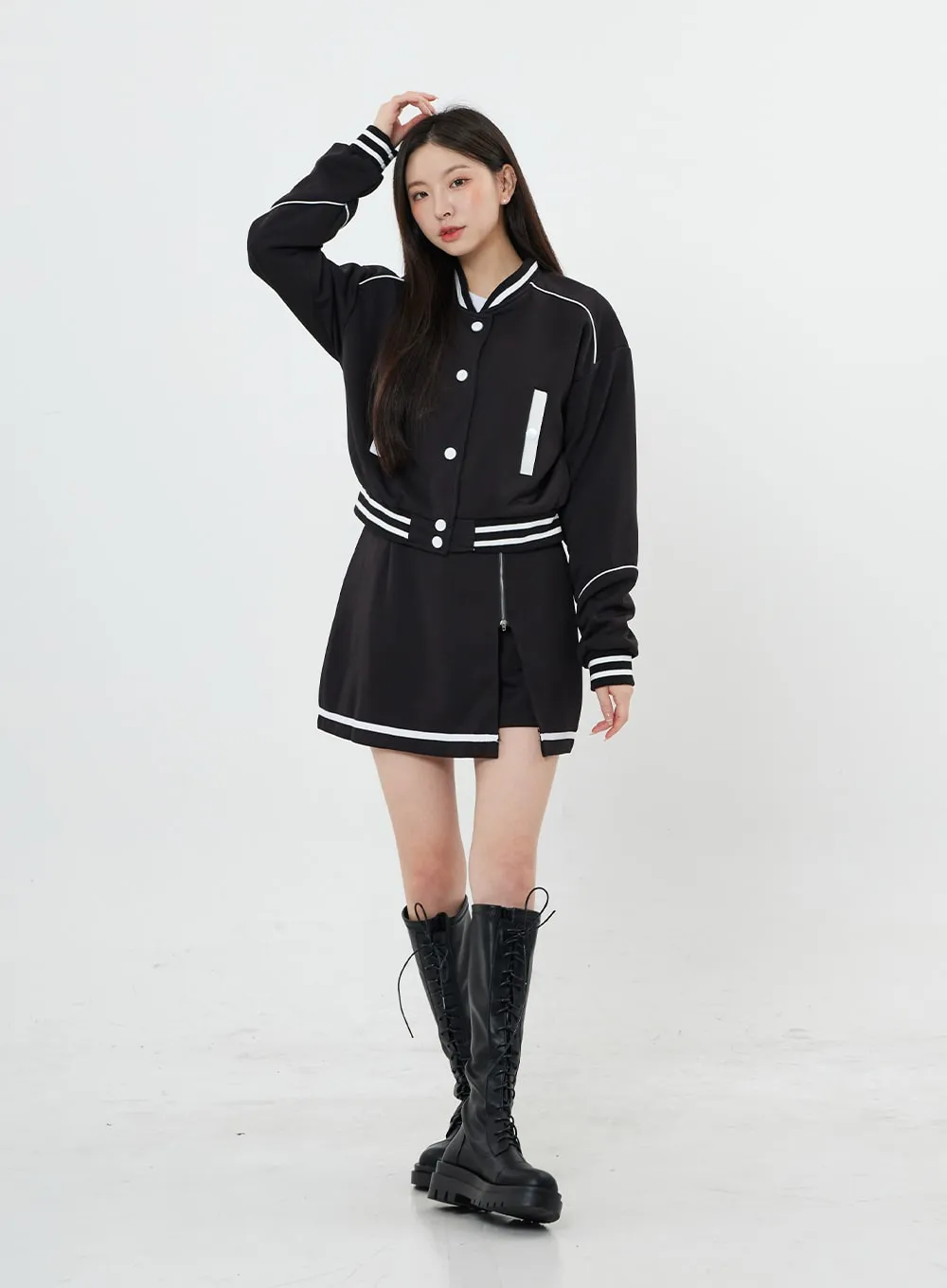 Two Color Sporty Button Jacket And Mini Skirt Set BO20