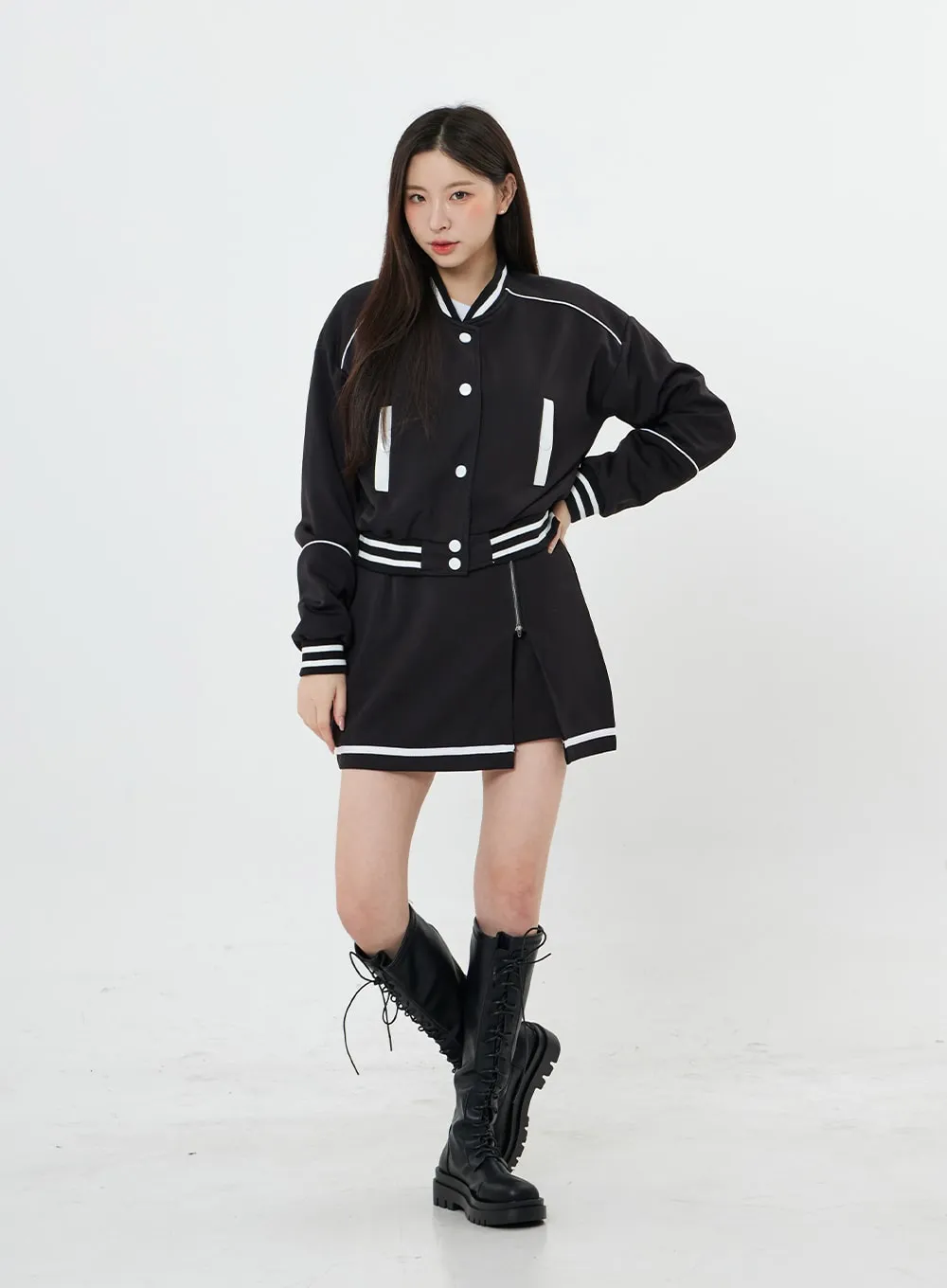 Two Color Sporty Button Jacket And Mini Skirt Set BO20