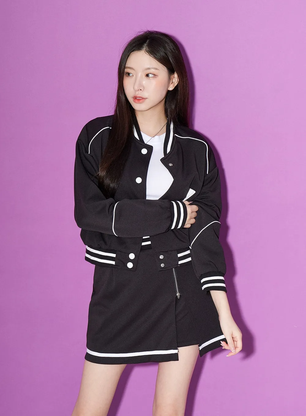 Two Color Sporty Button Jacket And Mini Skirt Set BO20