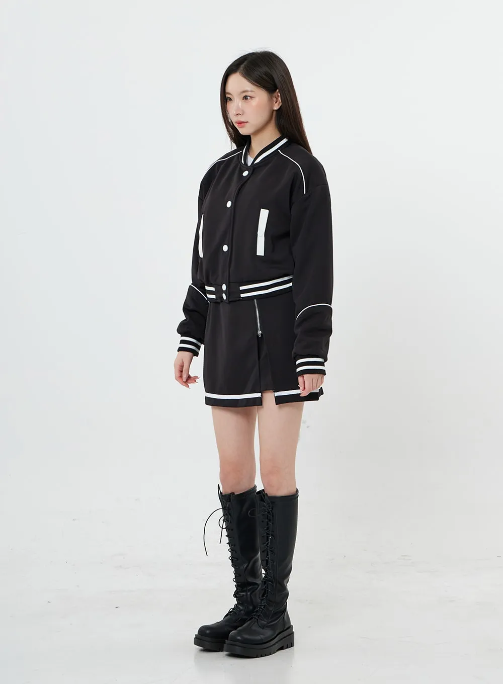 Two Color Sporty Button Jacket And Mini Skirt Set BO20