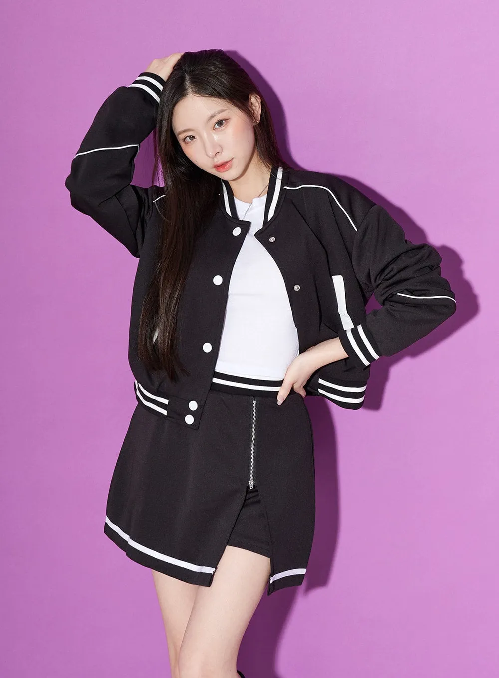 Two Color Sporty Button Jacket And Mini Skirt Set BO20