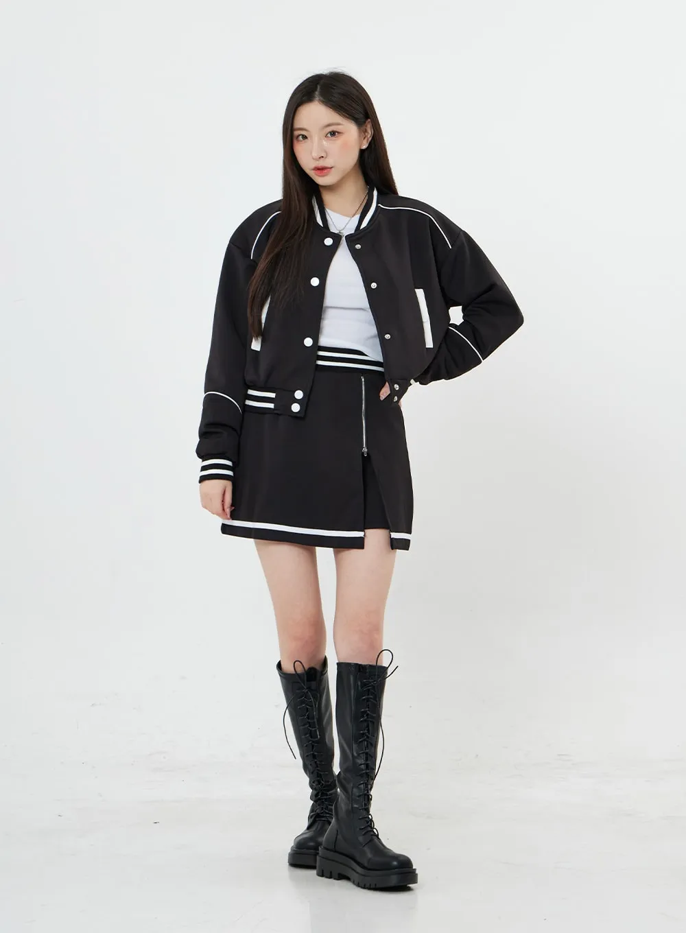 Two Color Sporty Button Jacket And Mini Skirt Set BO20