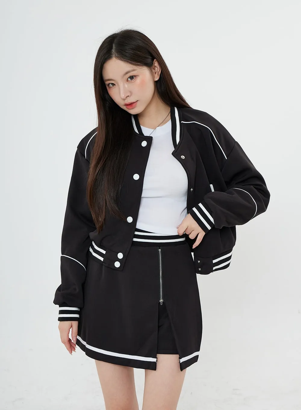 Two Color Sporty Button Jacket And Mini Skirt Set BO20