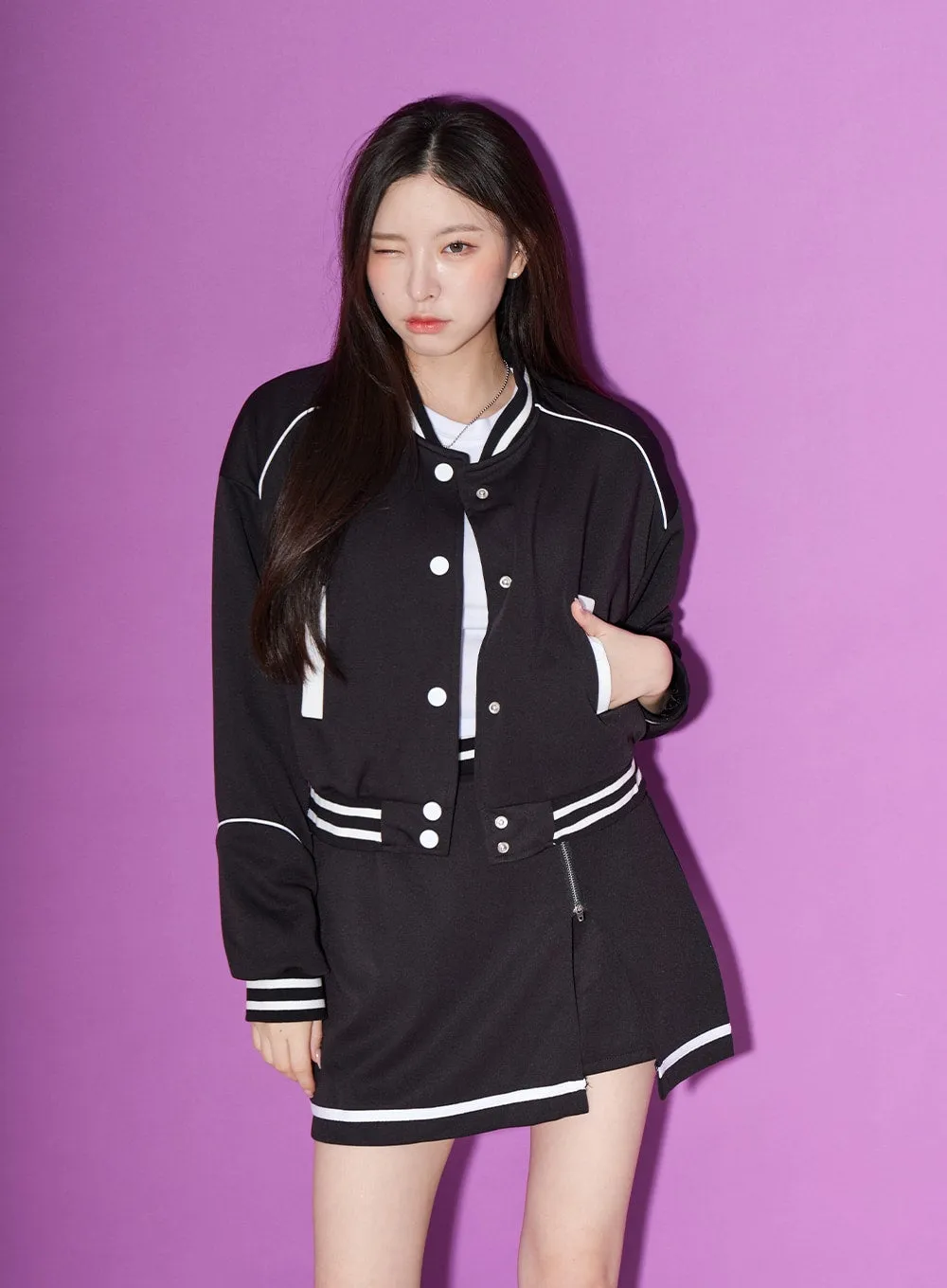 Two Color Sporty Button Jacket And Mini Skirt Set BO20