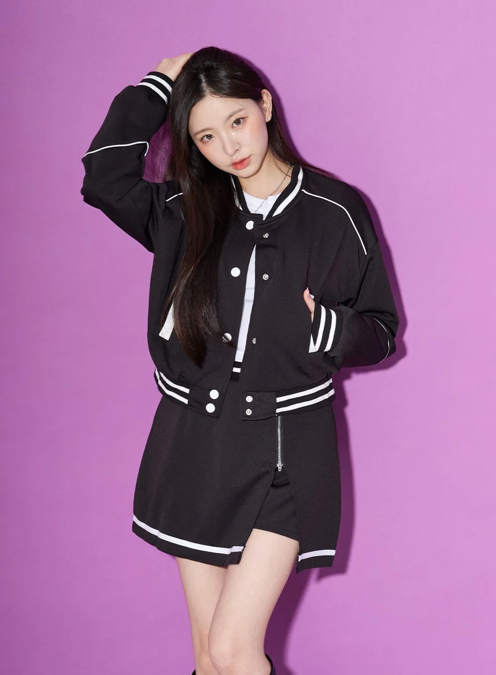 Two Color Sporty Button Jacket And Mini Skirt Set BO20