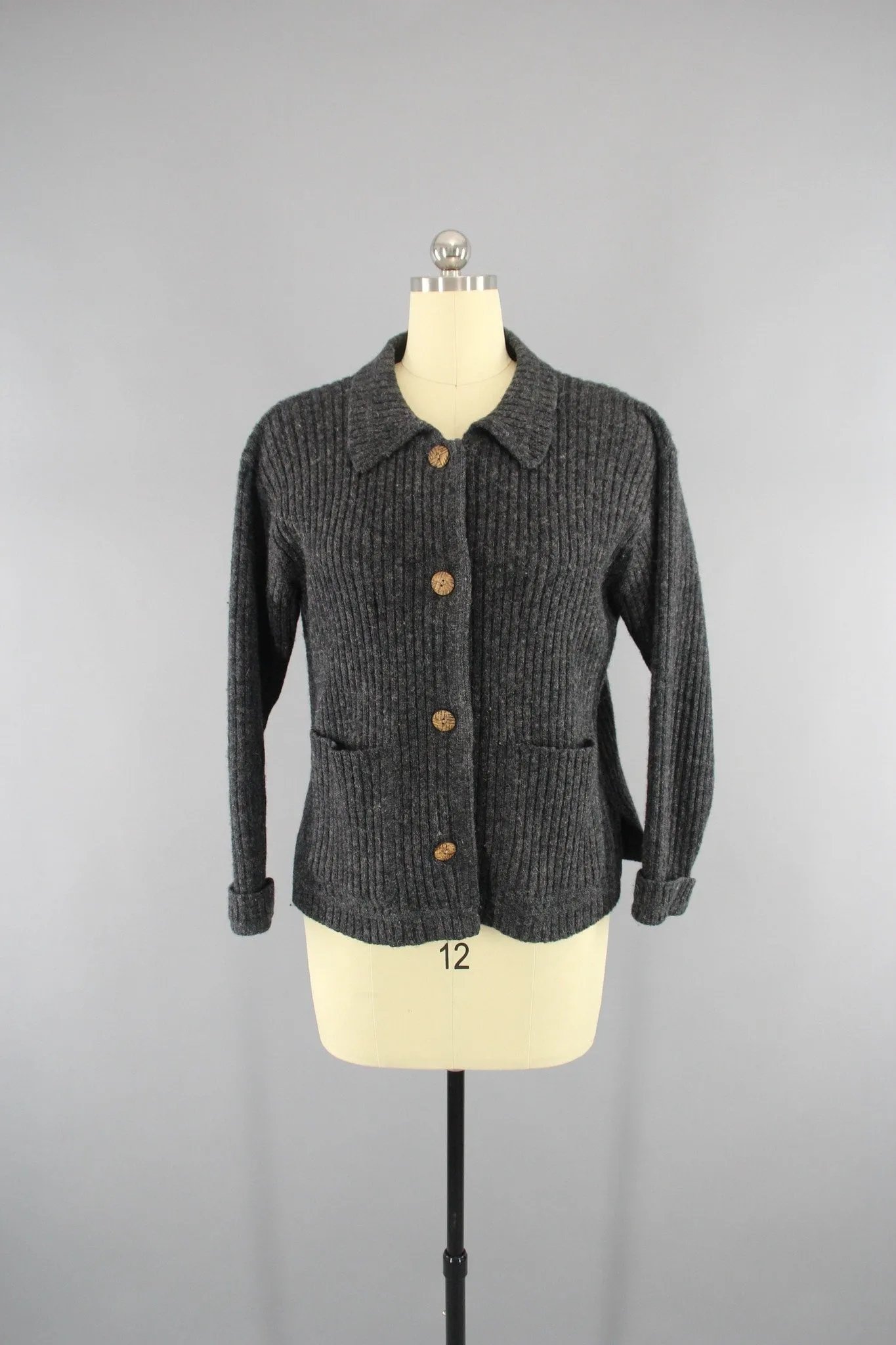 Vintage 1970s Woolrich Charcoal Grey Wool Cardigan Sweater