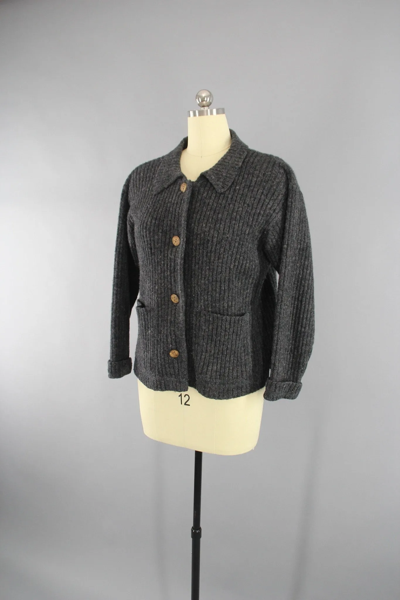 Vintage 1970s Woolrich Charcoal Grey Wool Cardigan Sweater