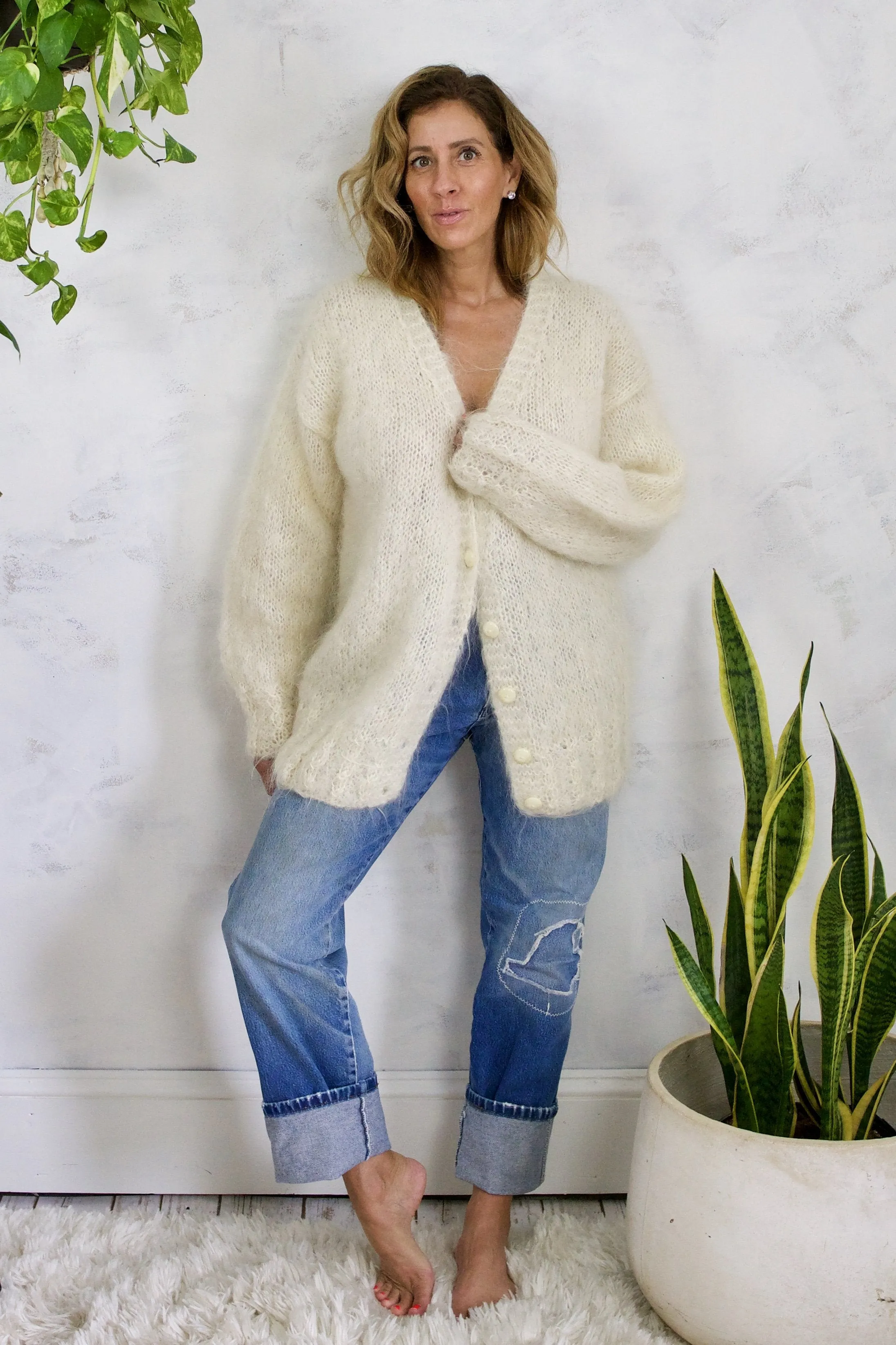 Vintage Fluffy Mohair Handknit Cardigan Sweater