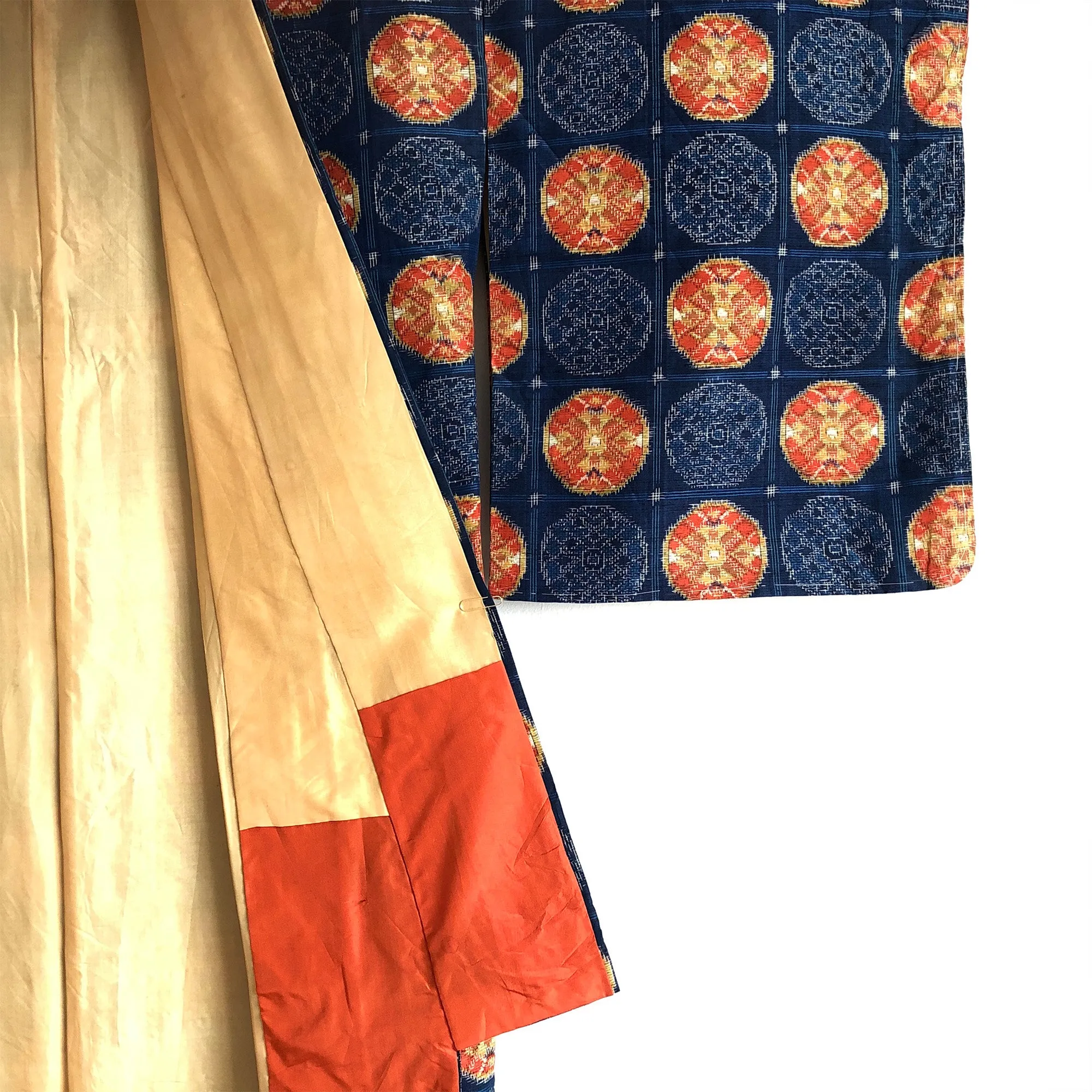 Vintage Japanese Kimono Pure Silk Fully Lined Blue & Orange Ikat Long Kimono