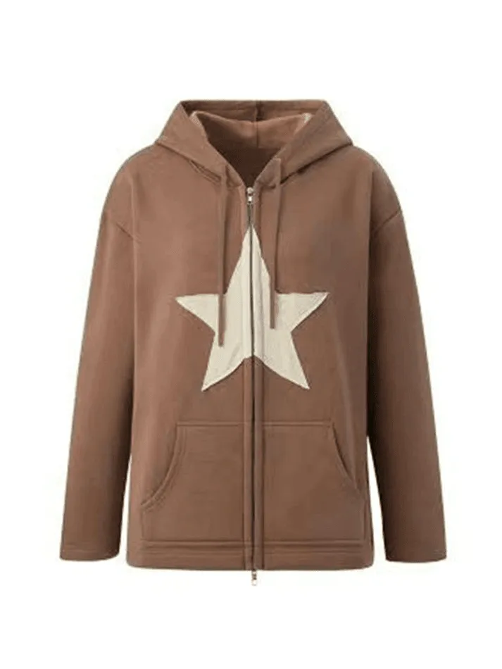 Vintage Star Patch Baggy Zip Up Hoodie