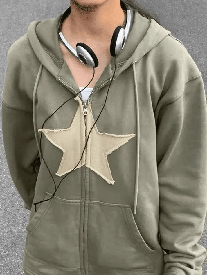 Vintage Star Patch Baggy Zip Up Hoodie