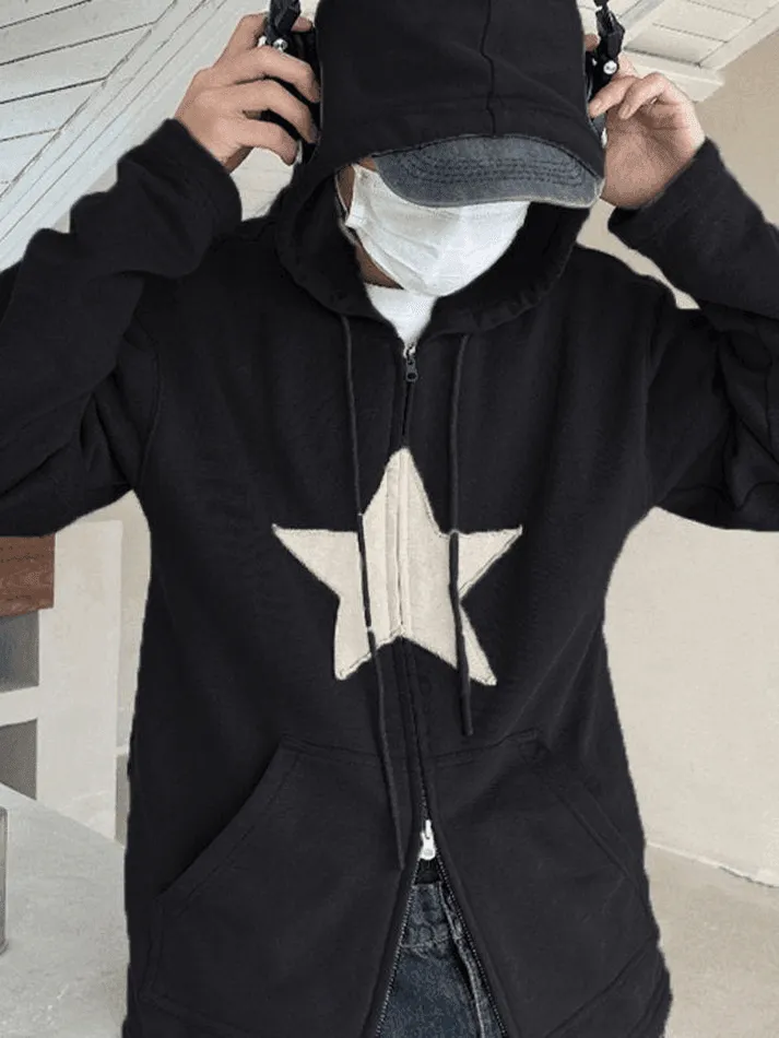 Vintage Star Patch Baggy Zip Up Hoodie