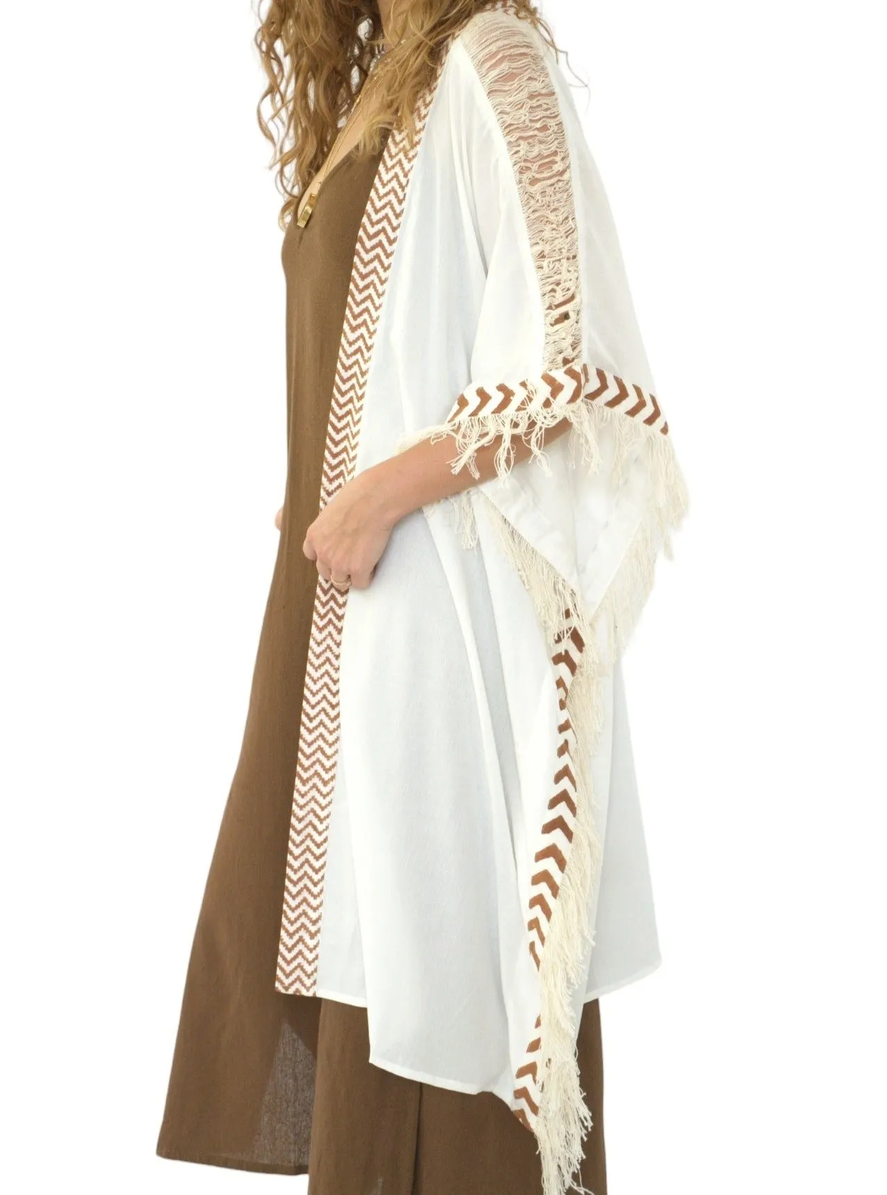 White Closed-Back Fringe Poncho