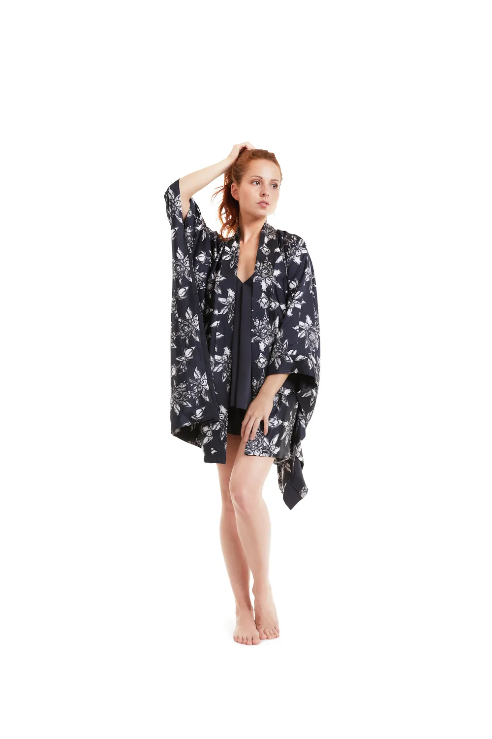 White lotus organic peace silk kimono gown mid length