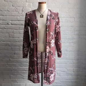 Y2K Dark Romance Floral Grunge Cardigan Longline Muted Dusty Rose Pink Sweater